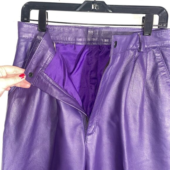 Vintage Purple Leather Pants High Rise Tapered India Bold 80s 90s Size 32 Makart - Picture 5 of 12